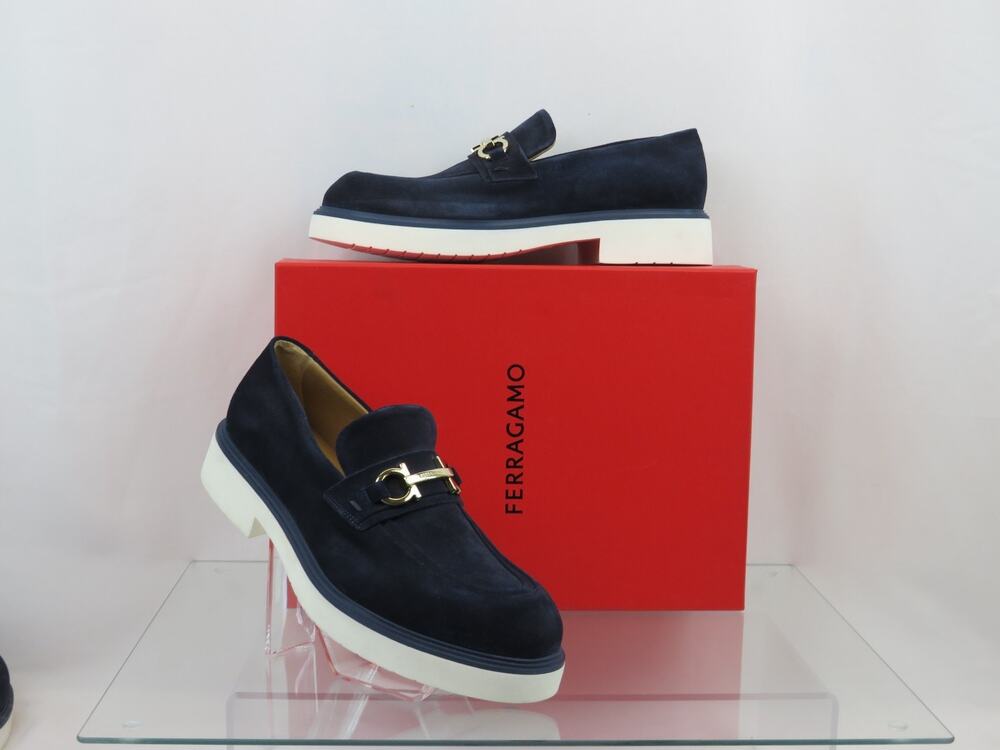 NIB FERRAGAMO FIORELLO BLUE SUEDE GANCINI BIT LOGO LOAFERS 13 ITALY